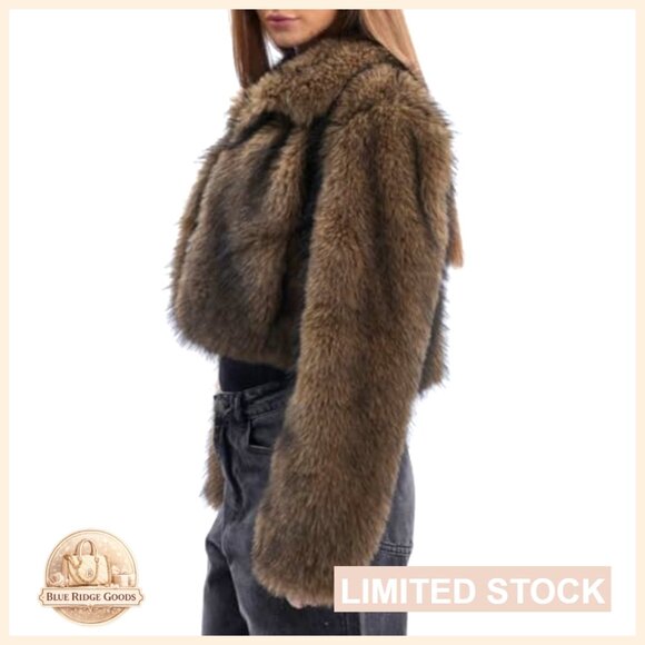 Faux Fur Cropped Coat Winter Open-front Long Sleeve Jacket - Picture 3 of 6